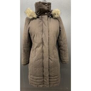Soia & Kyo Down Coat M Brown Glen Plaid Fur Trim Hood Cotton Long Jacket Outdoor